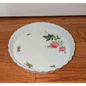 Vintage CHRISTINEHOLM 9.5" Ceramic Pie Plate, tart, Quiche Dish w/ Roses Pattern